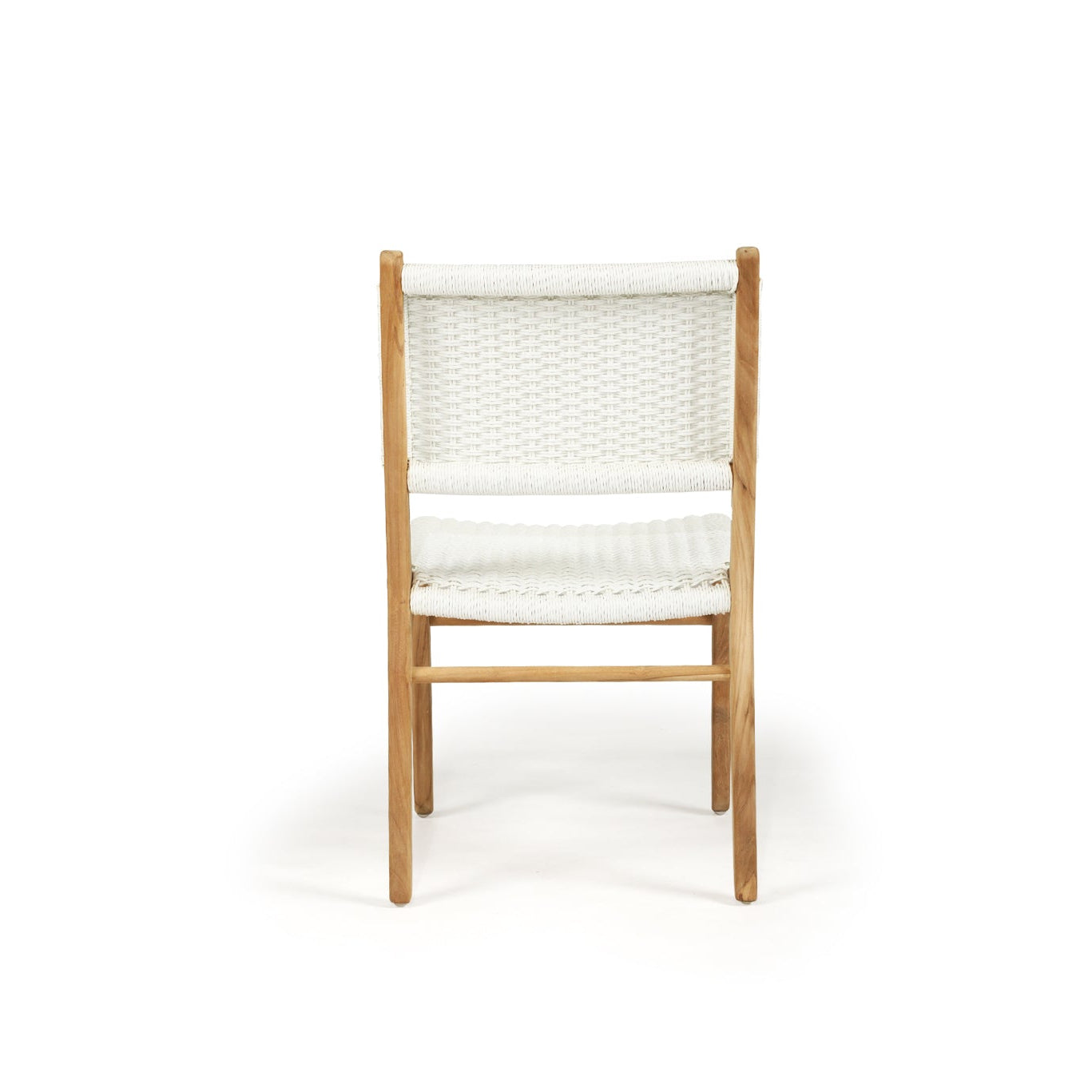 Back profile of Cable Beach close weave outdoor dining chair in natural teak