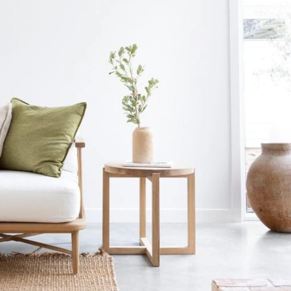 Coast Side Table in Oak, styled lifestyle setting.