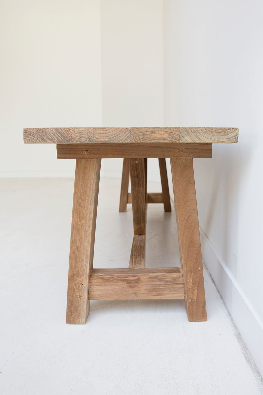 Gather Indoor Bench Seat in Reclaimed Teak, side view.