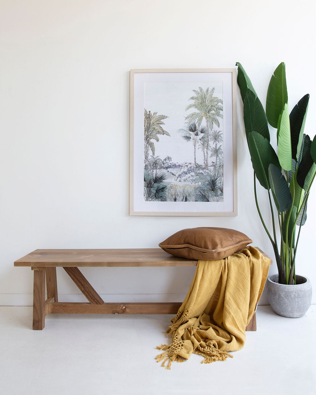 Gather Indoor Bench Seat in Reclaimed Teak, styled lifestyle setting.