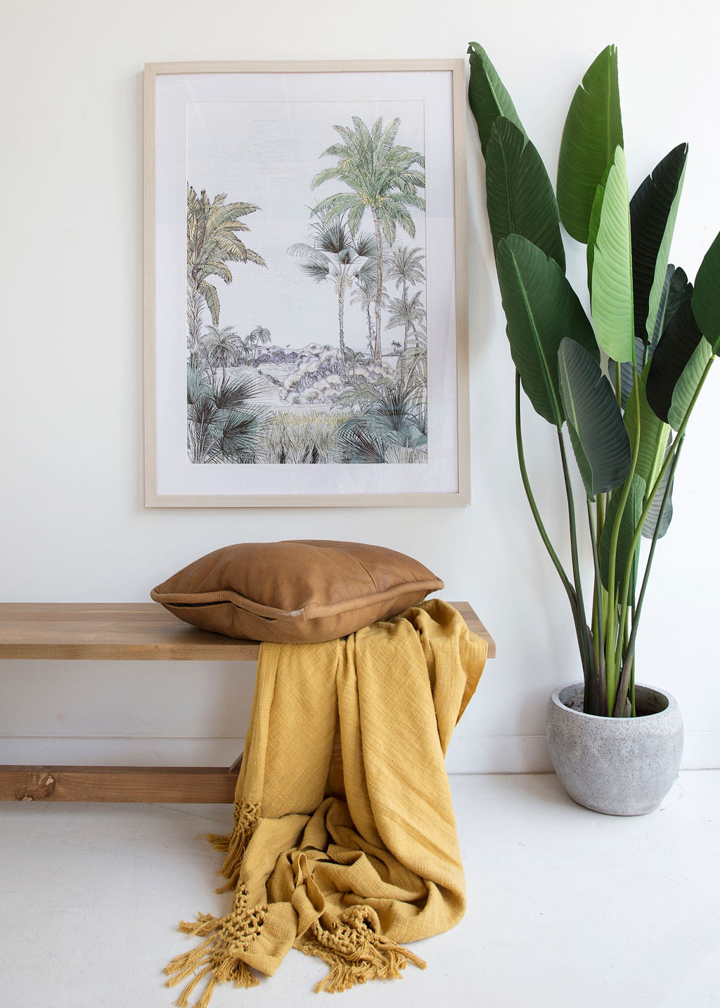 Gather Indoor Bench Seat in Reclaimed Teak, styled lifestyle setting.