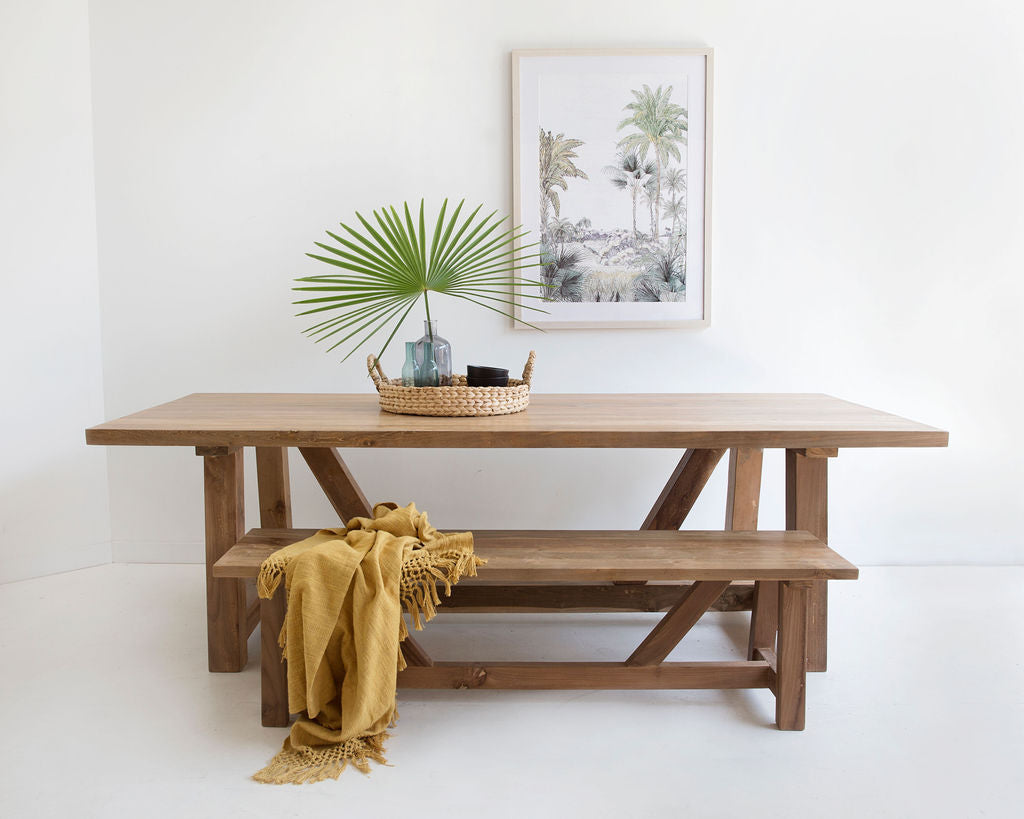 Gather Indoor Dining Table in Reclaimed Teak, styled lifestyle setting.
