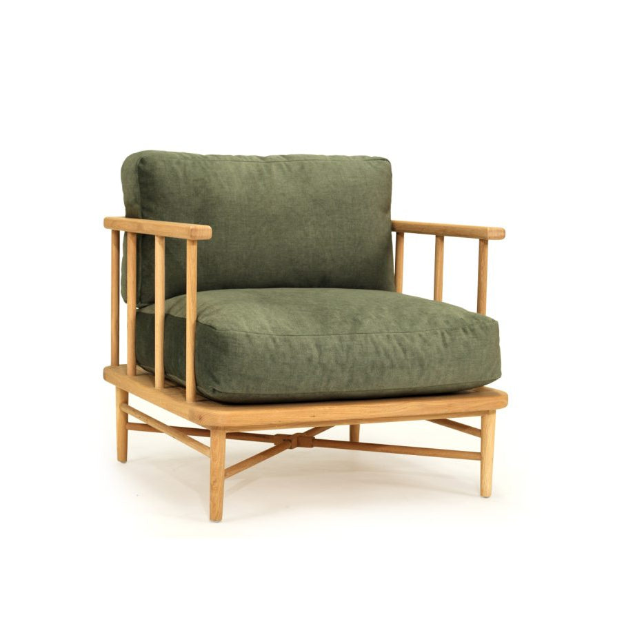 Harbour Island Armchair in Green Velvet, front angle view.