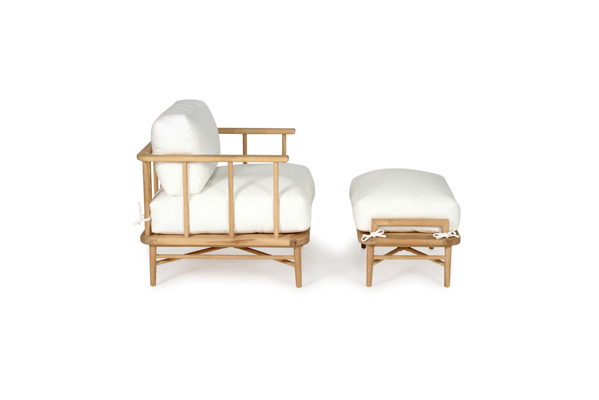 Harbour Island Indoor Armchair + Ottoman, shown with coordinating furniture.