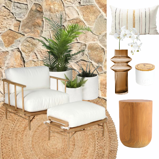 Harbour Island Indoor Armchair + Ottoman, styled lifestyle setting.