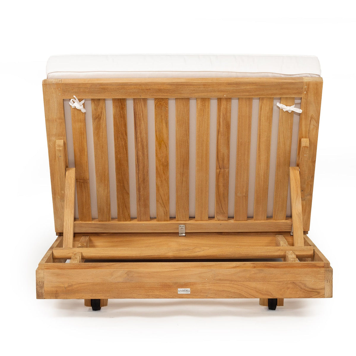 Rear view of the Harbour Island sun lounger showing slatted teak backrest, support and base