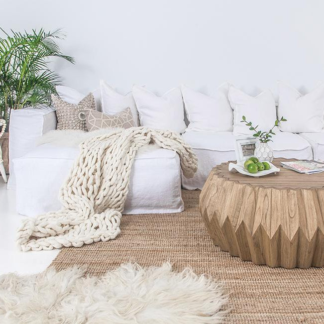 Hendrix Sofa Chaise with left hand arm, with feather cushioning and removable slipcover, timber frame modern coastal sofa with scatter cushions, available in multiple colours.  Coastal inspired interiors.