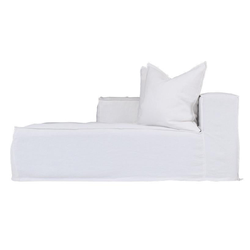 Hendrix Sofa Chaise with left hand arm, with feather cushioning and removable slipcover, timber frame modern coastal sofa with scatter cushions, available in multiple colours. Side perspective.