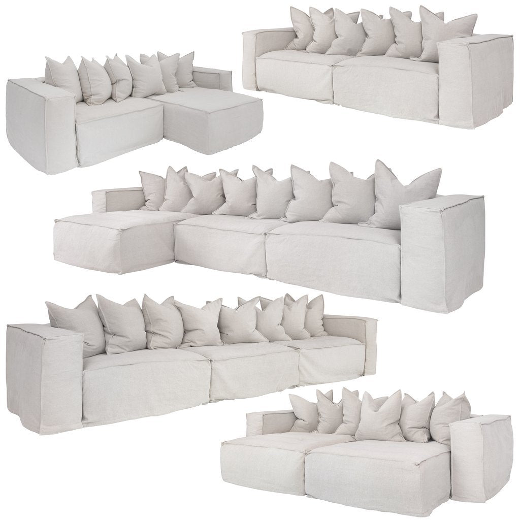 Hendrix modular sofa suite, with feather cushioning and removable slipcover, timber frame modern coastal sofa with scatter cushions, available in multiple colours.