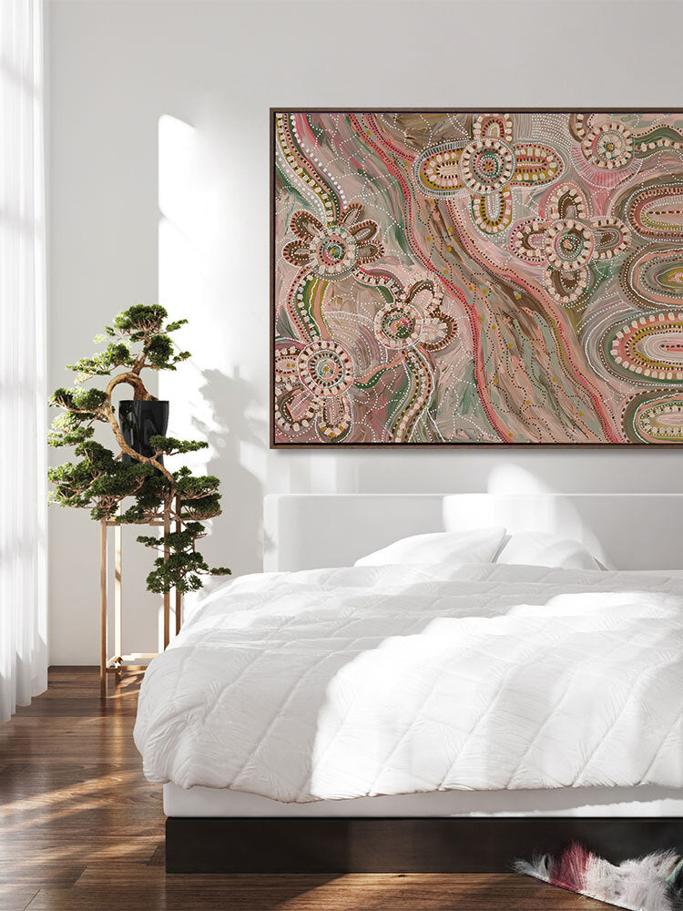Bila Canvas Art Print | 90x120 | Oak Frame - Aboriginal Art - Magnolia Lane