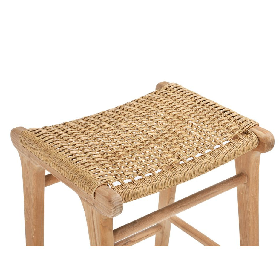Detail of closed weave Viro cord seat and teak frame on backless bar stool