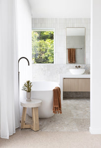Costa ivory coast eterrazzo stool, Magnolia Lane, bathroom interior