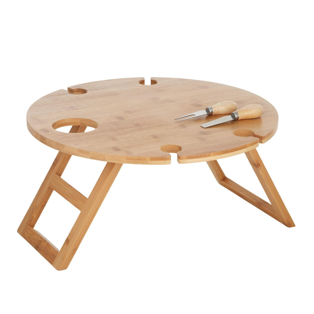 La Balsa timber picnic table and knives set, perfect for sun set drinks, picnics by the river and for the layered look for your table, Magnolia Lane picnicware