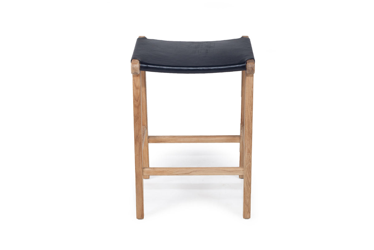 Leather Saddle Stool - Flat in Black, front view.