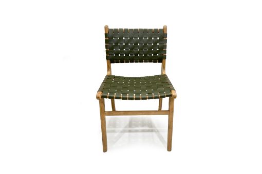Dining chair with woven leather straps in Olive green and sleek modern design, crafted for style and comfort. Front angle perspective. Magnolia Lane