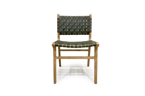 Dining chair with woven leather straps in Olive green and sleek modern design, crafted for style and comfort. Front perspective. Magnolia Lane