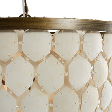 Load image into Gallery viewer, Piatos Hanging Lamp made from natural coconut shell with a brass frame, handcrafted sustainable lighting. Detail.