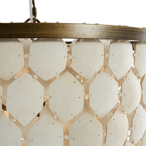 Piatos Hanging Lamp made from natural coconut shell with a brass frame, handcrafted sustainable lighting. Detail.