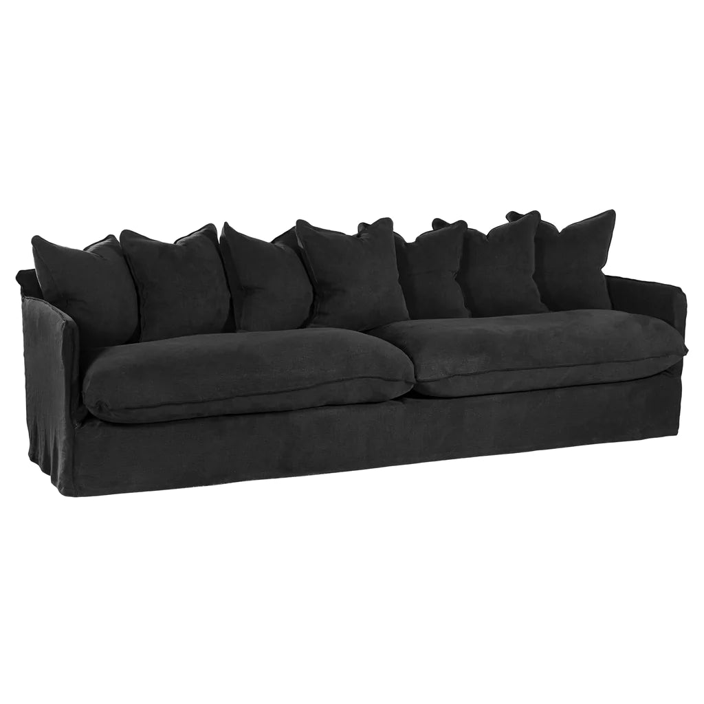 Singita Four Seater Sofa with hardwood frame, feather-filled cushions and removable slipcovers in luxury linen in black.