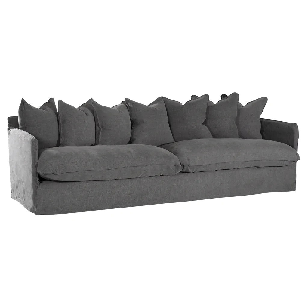 Singita Four Seater Sofa by Uniqwa with hardwood frame, feather-filled cushions and removable slipcovers in luxury linen in charcoal.