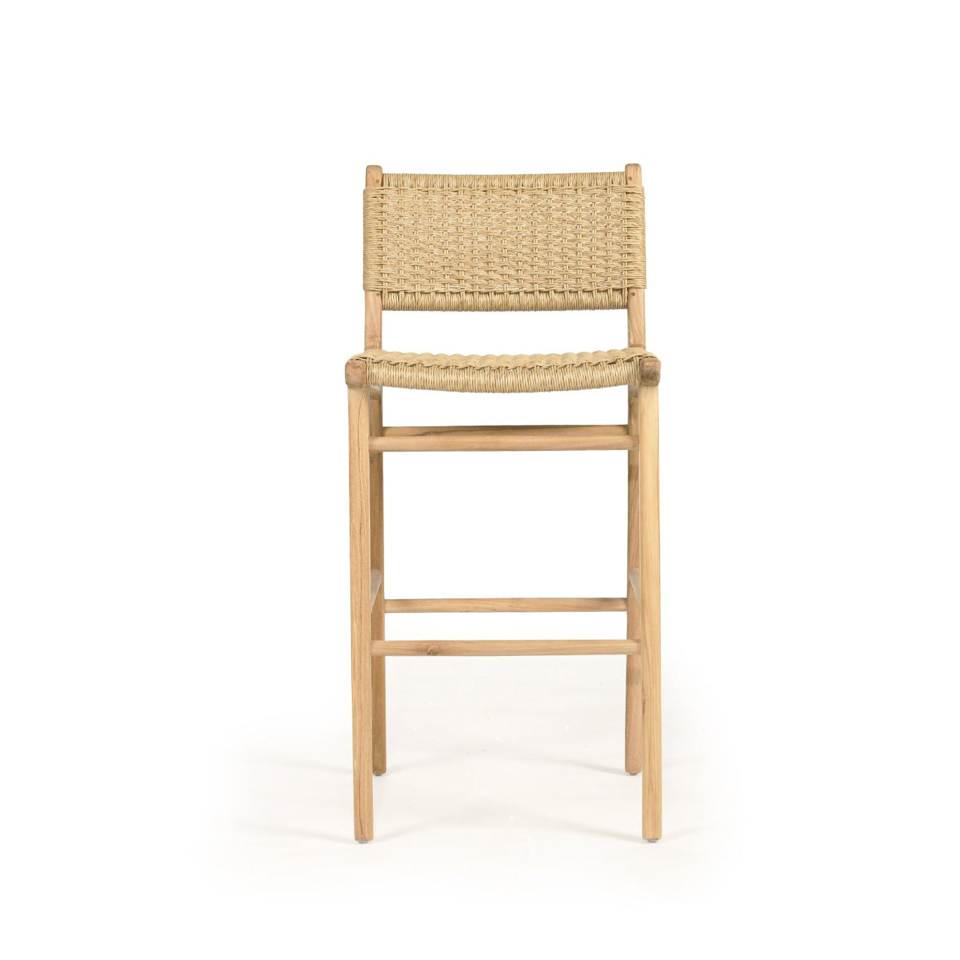 Cable Beach outdoor bar stool with woven back and teak frame in sand – front view