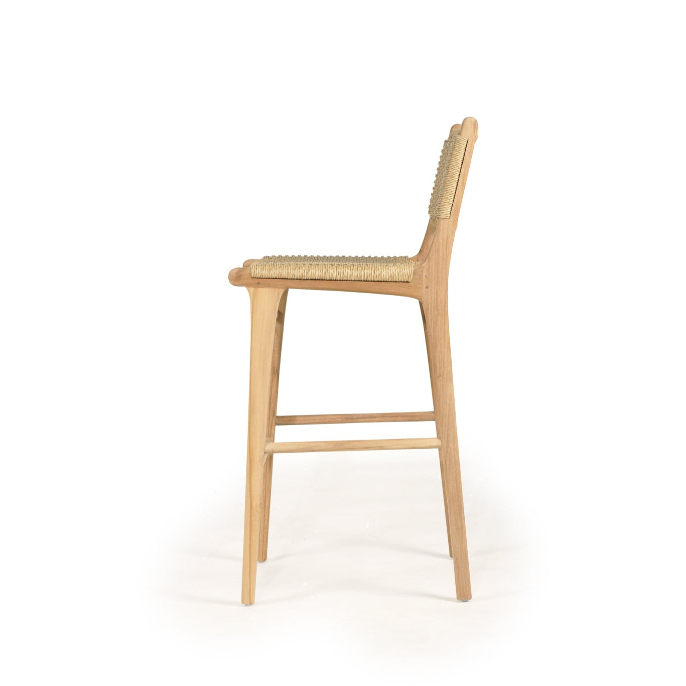 Teak outdoor bar stool with woven Viro cord seat and backrest – side view