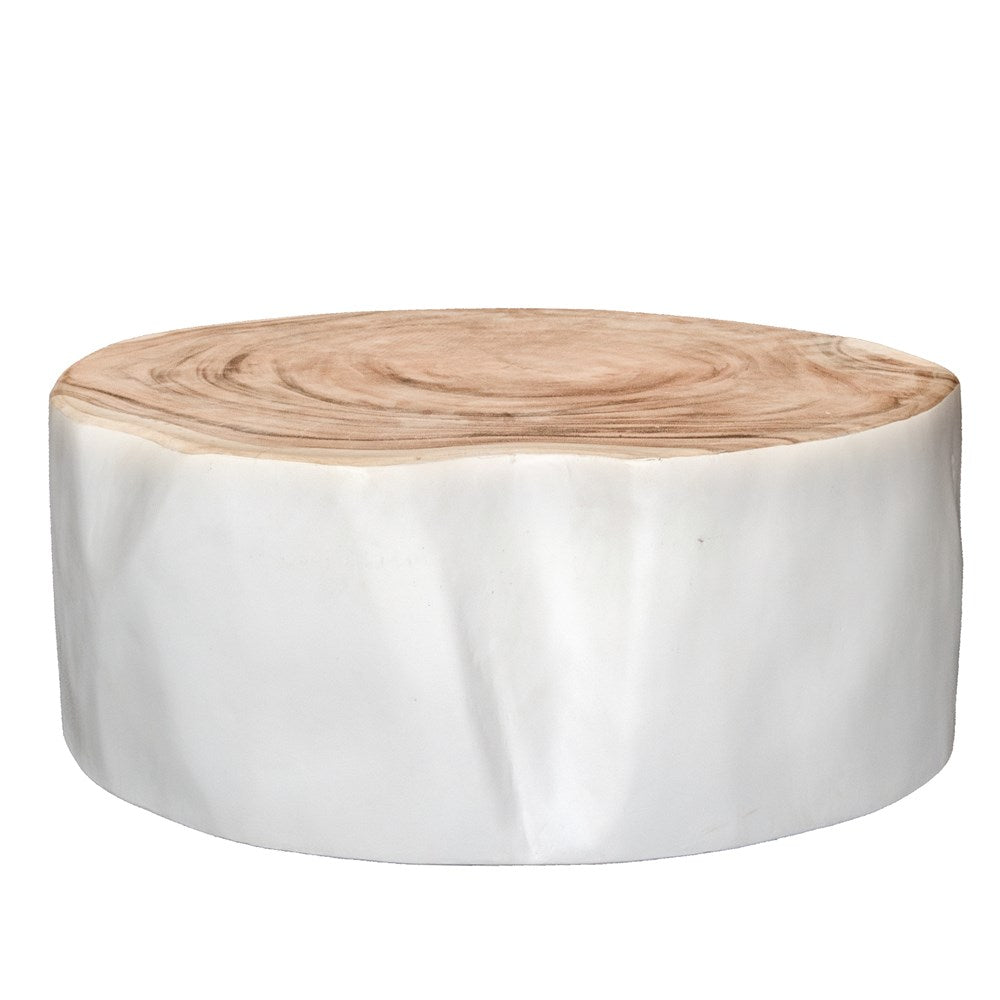 Trunk White Coffee Table with a natural munggur timber top, angled view