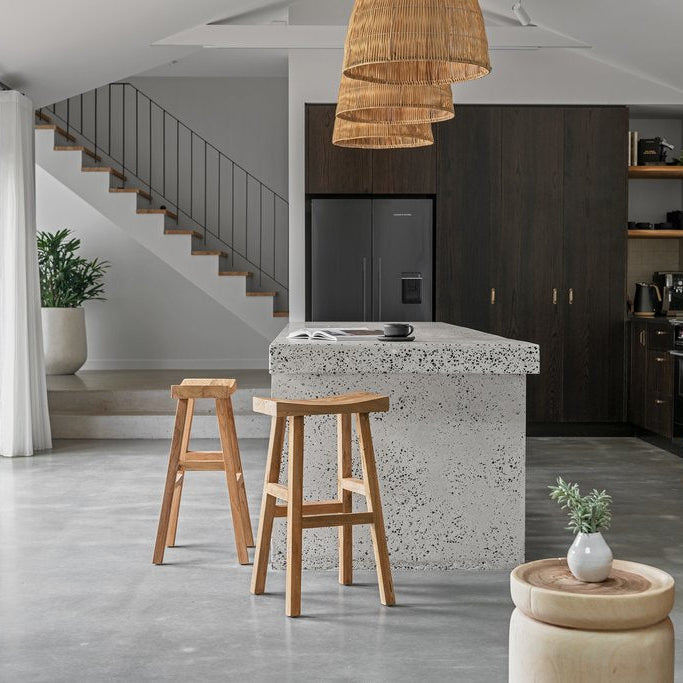 Solid reclaimed teak Kusina bar stools in a contemporary Australian kitchen