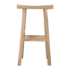 Kusina Barstool by Uniqwa Collections, crafted from solid reclaimed teak with a sleek sanded finish. Featuring natural timber grains and a curved seat, this durable and elegant bar stool adds character to dining spaces, restaurants, or bars. Front perspective.
