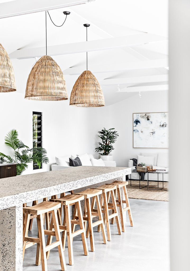 Organic modern kitchen styled with Kusina teak bar stools and natural finishes
