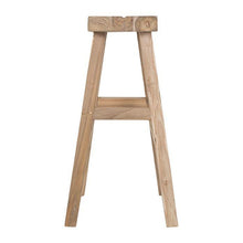 Load image into Gallery viewer, Kusina Barstool by Uniqwa Collections, crafted from solid reclaimed teak with a sleek sanded finish. Featuring natural timber grains and a curved seat, this durable and elegant bar stool adds character to dining spaces, restaurants, or bars. Side perspective.
