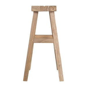 Kusina Barstool by Uniqwa Collections, crafted from solid reclaimed teak with a sleek sanded finish. Featuring natural timber grains and a curved seat, this durable and elegant bar stool adds character to dining spaces, restaurants, or bars. Side perspective.