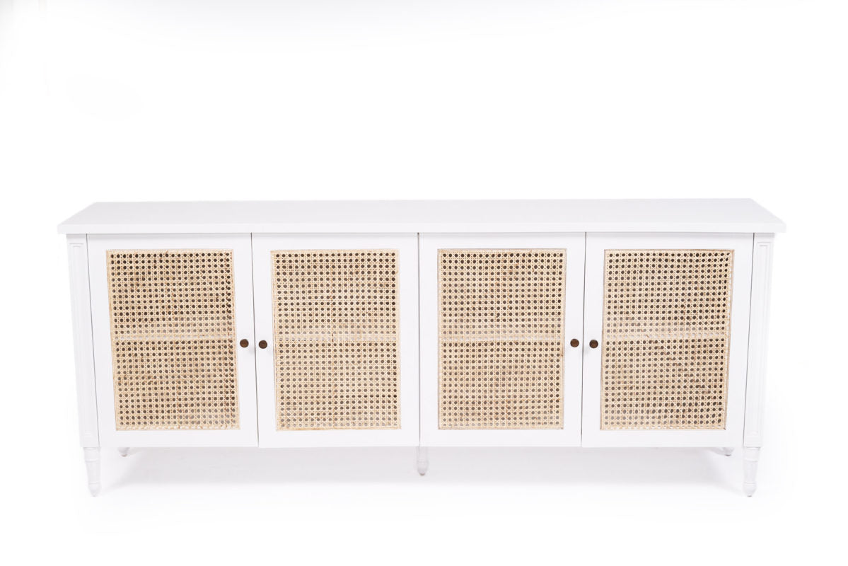 Whitsunday white four-door sideboard with rattan inserts, elevated front view