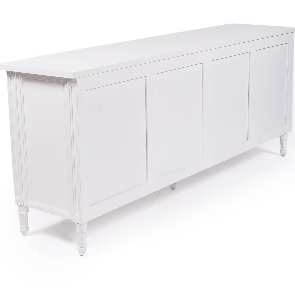 Whitsunday white four-door sideboard with rattan inserts, rear three-quarter view