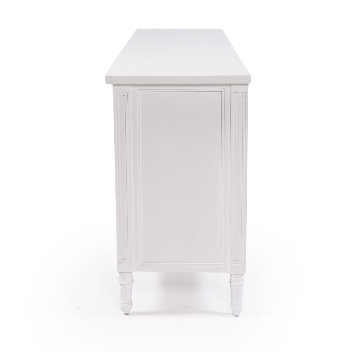Whitsunday white four-door sideboard with rattan inserts, side view