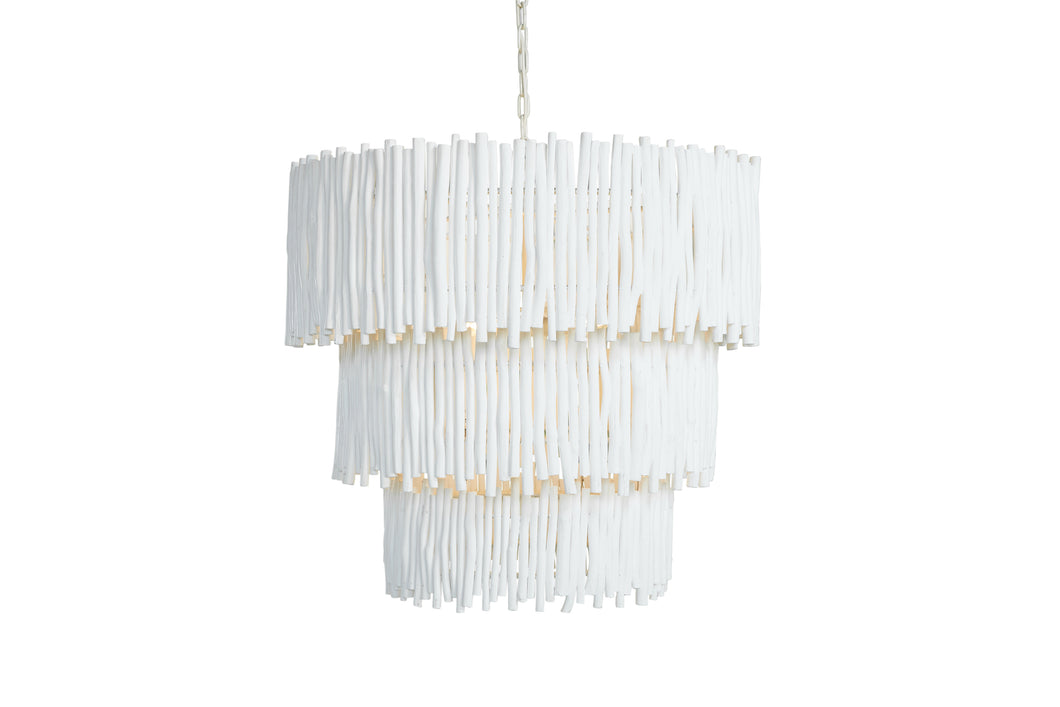 Wood Candle Stick Tiered Chandelier in White, Magnolia Lane boutique lighting